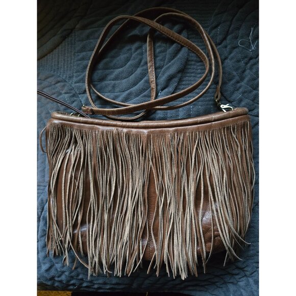 Hobo Brown Leather Fringe Crossbody Shoulder Bag With Adjustable Strap & Zipper - Picture 2 of 7